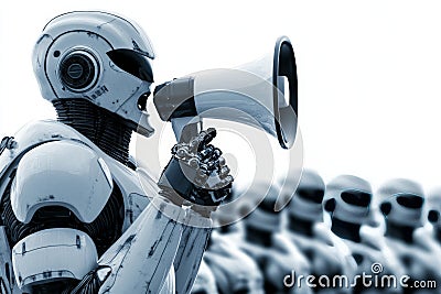 Advanced white robot using megaphone to address row of identical robotic counterparts symbolizing AI evolution collective Cartoon Illustration