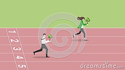 A leader businesswoman and follower employee with tree are run on race track Vector Illustration