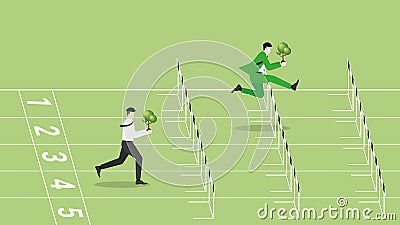 A leader businessman and follower employee with tree are run on race track Vector Illustration