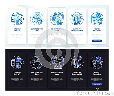 Advantages of UHT milk night and day mode onboarding mobile app screen Vector Illustration