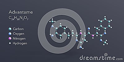 advantame molecule 3d rendering, flat molecular structure with chemical formula and atoms color coding Stock Photo