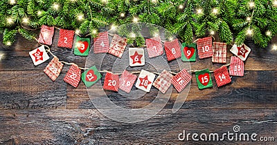 Advent calendar Christmas tree branches light garland Stock Photo