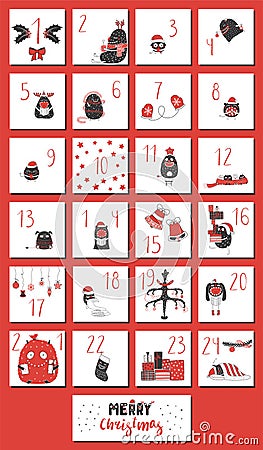 Advent calendar with cute monsters Vector Illustration