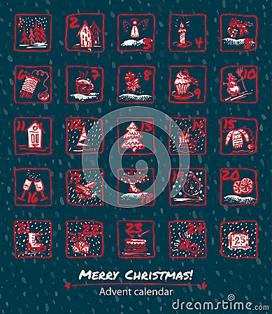 Advent Calendar 25 days of Christmas. Set icons are drawn by hand, ink, brush Cartoon Illustration