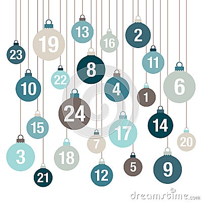 Advent Calendar Hanging Christmas Balls Blue Brown Beige Vector Illustration