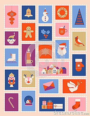 Advent Calendar, Post stamps vintage design, Merry Christmas poster, printable template with Xmas elements in modern Vector Illustration