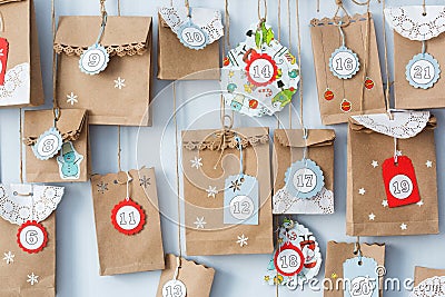 Advent calendar with small gifts close up Stock Photo