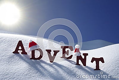 Advent Mean Christmas Time Snow Santa Hat Blue Sky Stock Photo