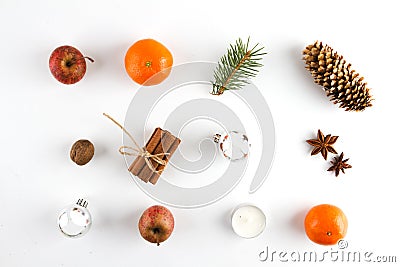 OVERHEAD RUSTIC HOMEMADE ADVENT DECORATION. MERRY CHRISTMAS ORNAMENTS ON WHITE BACKGROUND Stock Photo