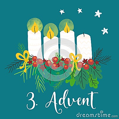 Advent wreath illustration. Christmas arrangements with 4 candles, two burning, bows, berries and pine branches. 2nd Cartoon Illustration