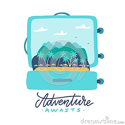 Adventure awaits - lettering quote. Open travel suitcase with tropical island, palm trees, umbrellas and mountains inside. Flat Cartoon Illustration