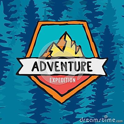 Adventure expedition label on pine tree background Vector Illustration