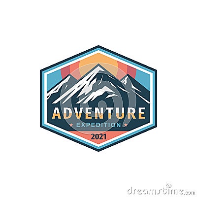 Adventure expedition mountain badge design. Extreme traveling logo in flat vintage style. Hiking climbing sport training. Vector i Vector Illustration