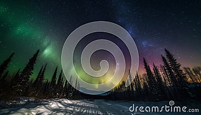 Adventure in the Frozen Mountains, Illuminated by Star Trail generated by AI Stock Photo