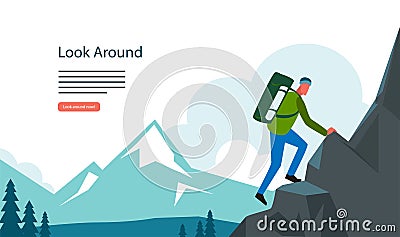 Adventure hiking, mountian landscape with tourist. Climbing Vector Illustration