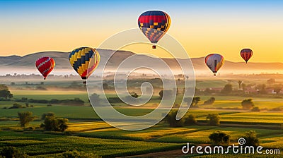 Adventure of hot air ballooning over a Landscape of rolling hills and meadows Stock Photo