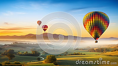 Adventure of hot air ballooning over a Landscape of rolling hills and meadows Stock Photo