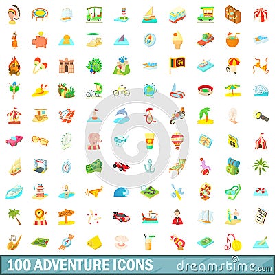 100 adventure icons set, cartoon style Vector Illustration