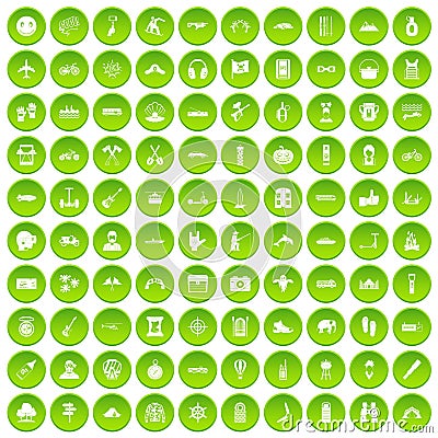 100 adventure icons set green circle Vector Illustration