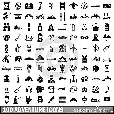 100 adventure icons set, simple style Vector Illustration