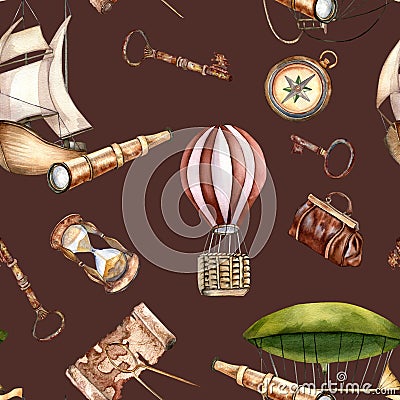 Adventure items vintage style, vessel watercolor seamless pattern isolated on dark. Hot air balloon, ship, sailling Stock Photo