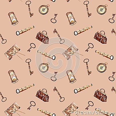 Adventure items vintage style watercolor seamless pattern isolated on beige. Compass, spyglass, map, handbag Stock Photo