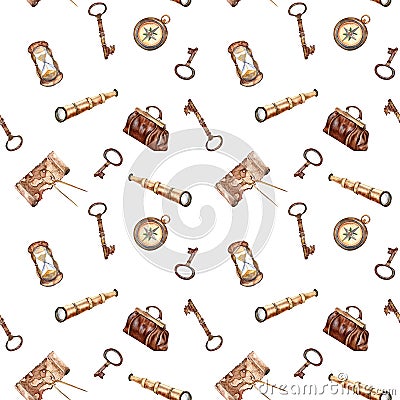 Adventure items vintage style watercolor seamless pattern isolated on white. Compass, spyglass, map, handbag Stock Photo