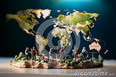Adventure journey Miniature people exploring a world map, travel concept Stock Photo