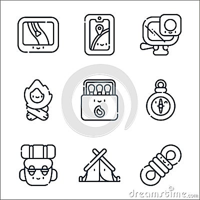 adventure line icons. linear set. quality vector line set such as rope, tent, backpack, compass, match box, firewood, action Vector Illustration