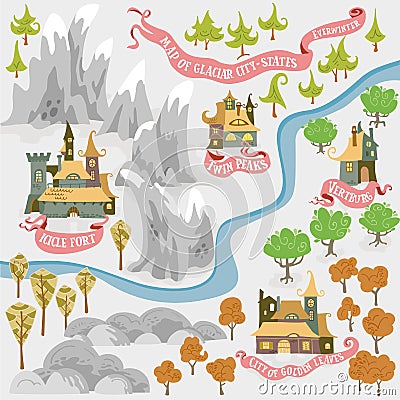 Fairy tale fantasy map builder set of Everwinter Realm and City states in colorfule vector illustrations Cartoon Illustration