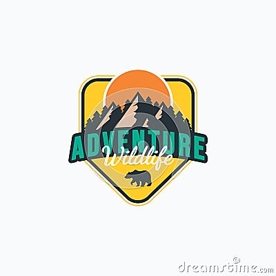 Adventure mountain, sun, forest, and grizzly badge vector illustration design. Colorful vintage adventure emblem logo concept Vector Illustration