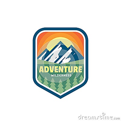 Adventure outdoors wilderness concept badges. Mountain climbing logo in flat style. Extreme exploration sticker symbol. Creative Vector Illustration