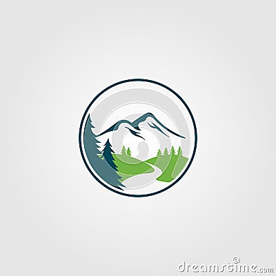 Adventure pine tree creek nature river logo vector design Vector Illustration