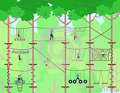 Adventure rope park vector illustration. Children have sport activity on adventure playground. Adventurous kids climbing Vector Illustration