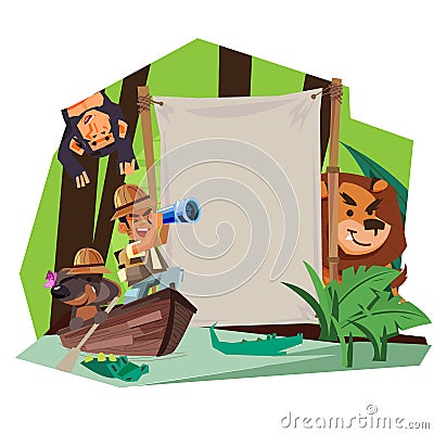 Adventure sign concept. Explorer man with his dog rowing on the wooden boat in rain forest river to explorer with blank sign - Cartoon Illustration