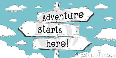 Adventure starts here - outline signpost with three arrows Cartoon Illustration