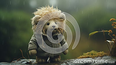 Adventure Themed Lion Teddy Bear In Rainy Season Stock Photo