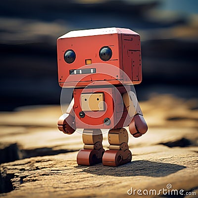 Adventure-themed Red Robot On Wooden Background Stock Photo