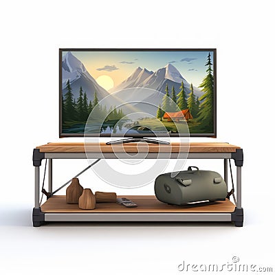 Adventure Themed Tv Stand Table With Mountain Scenery Picture Stock Photo