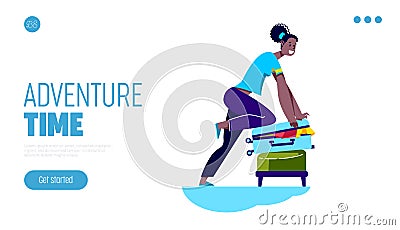 Adventure time landing page with young female trying to close overflowed suitcase Vector Illustration