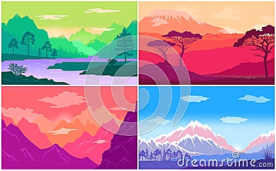 Adventure time, multicolored poster with beautiful landscapes. Road trip around the world Vector Illustration