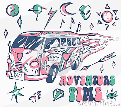 Adventure time vector poster. Hippie car, mini van with different symbols. Retro colors. Psychedelic concept. Vector illustration Vector Illustration