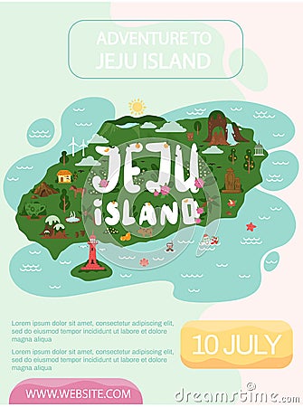 Adventure to Jeju island concept poster. Map with attractions, landmarks and natural monuments Vector Illustration