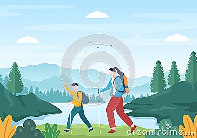 Adventure Tour on the Theme of Climbing, Trekking, Hiking, Walking or Vacation with Forest and Mountain Views in Illustration Vector Illustration