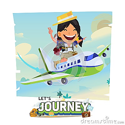 Adventure tourist female ride on plane with beach background. le Vector Illustration