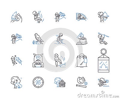 Adventure tours outline icons collection. Adventure, Tours, Journey, Trekking, Hiking, Rocky, Exploring vector and Vector Illustration