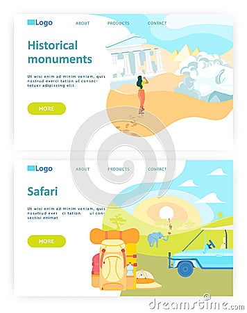 Adventure travel concept. Ancient ruin landmark. Safari in africa. Vector web site design template. Landing page website Vector Illustration