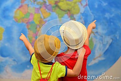 Adventure and travel concept. Happy kids are dreaming about travel, vacation. Stock Photo