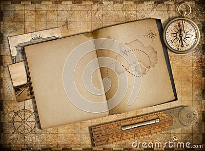 Adventure and travel concept. Vintage map, copybook and compass. Stock Photo