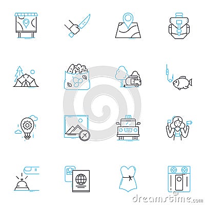 Adventure trips linear icons set. Expedition, Safari, Trekking, Exploration, Rafting, Climbing, Hiking line vector and Vector Illustration
